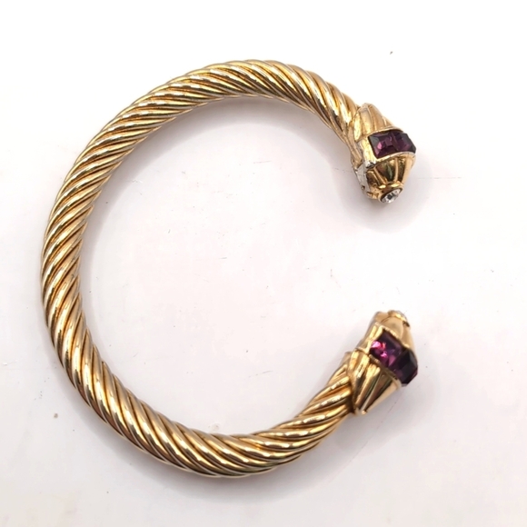 Vintage Gold-Tone Cuff Bracelet Twisted Rope Detail with Rhinestone Covered Caps - Picture 3 of 7
